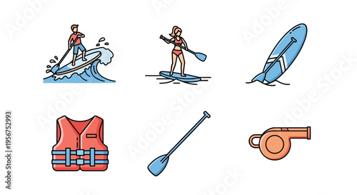 Water Sports Icons Set Featuring People Paddleboarding On Waves Water Accessories And A Life Jacket For Outdoor Recreation And Beach Activities On