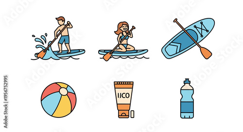 Set of water sports and beach leisure icons featuring paddleboarding beach ball sunscreen and beverage for active summer vacation fun and healthy