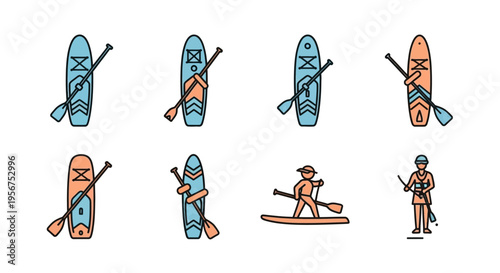 Collection of Icons Representing Stand Up Paddleboarding Equipment and Activities on Water