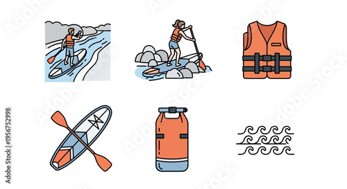 Outdoor Water Sports Equipment And Activities Stand Up Paddleboarding Kayaking And Safety Gear For Adventure And Recreation