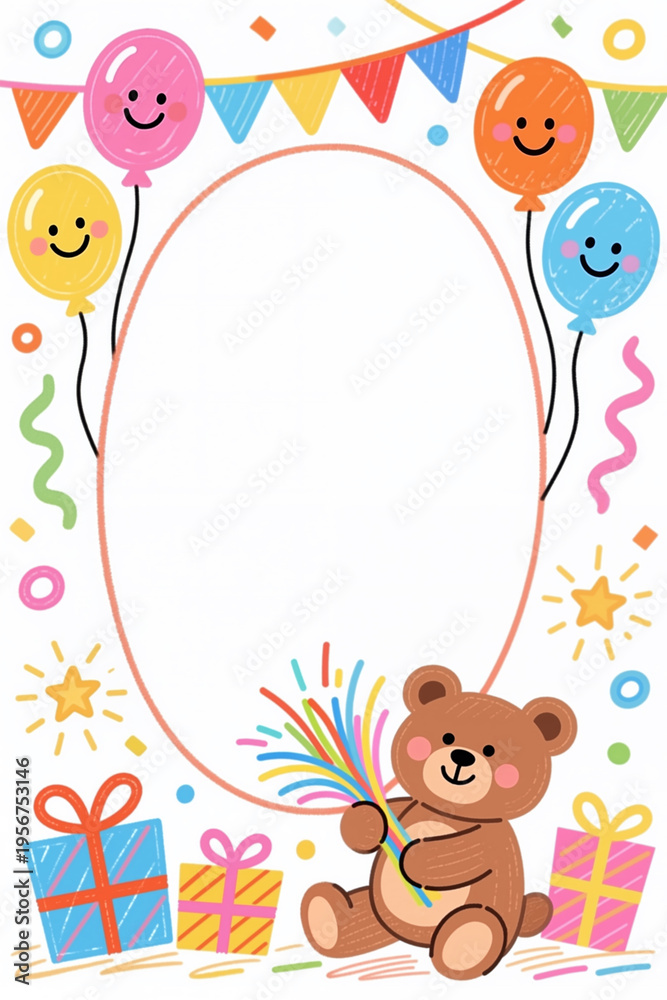 Fototapeta premium A cartoon teddy bear holding fireworks, surrounded by colorful balloons, gifts, and confetti, in a whimsical illustration style with a white background.