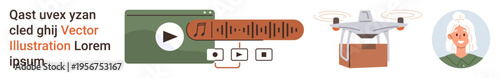 Technology, media, logistics, digital communication, user identity, innovation. A play button with audio track, a delivery quadcopter and a user avatar. Technology and media concepts illustrated