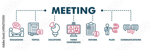 Meeting banner web color vector illustration for business meeting and discussion with communications, topics, solutions, plan, inform and video conference icon