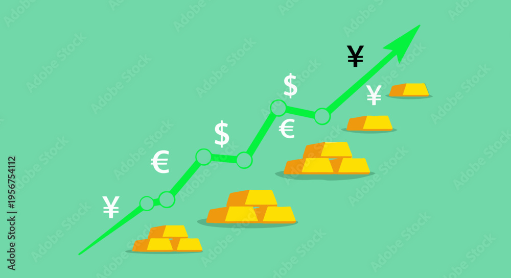 Fototapeta premium Financial Market Growth and Investment Concept with Gold Bars, Upward Trending Arrow, and Currency Symbols including Dollar, Euro, and Yen