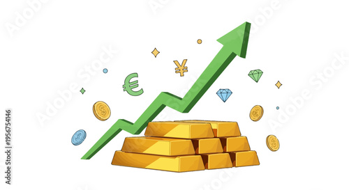 Financial Growth Illustration with Rising Arrow, Gold Bars, Currency Symbols, and Diamonds for Investment, Wealth, and Stock Market Success Concepts