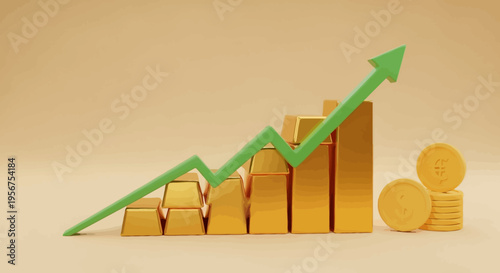 Business Growth Concept with Gold Bullion Bars, Coins, and Green Increasing Arrow Representing Financial Success and Market Profit