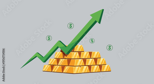 Financial growth illustration showing a green upward arrow over a stack of gold bars, symbolizing rising market value and successful wealth investment.
