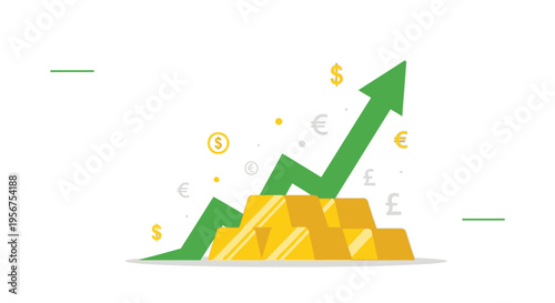 Gold Price Increase Concept with Stack of Gold Bars and Upward Green Arrow. Financial Investment and Wealth Growth Illustration with Currency Symbols.