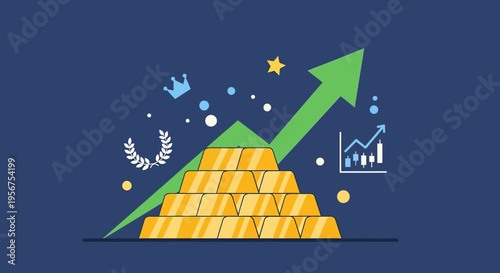 Gold Investment Growth Concept with Bullish Market Arrow and Stack of Gold Bars. Financial Success, Wealth Accumulation, and Economic Prosperity Vector Illustration.