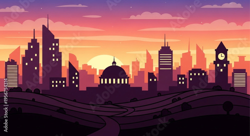 City Skyline at Sunset Silhouette.