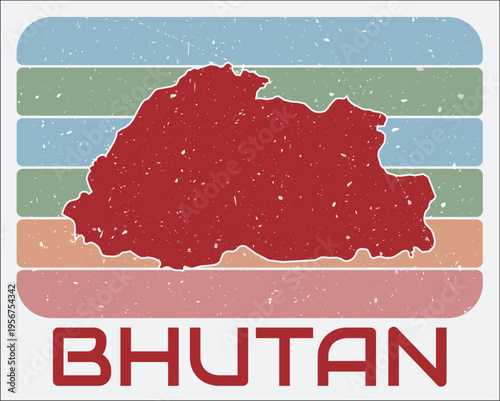 Bhutan vintage logo. Shape of the country on retro colored stripes background. Bhutan map design with grunge scratch texture. Vector illustration.