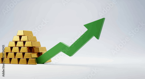 Gold Price Increase and Financial Growth Concept with Gold Bars Stacked in a Pyramid and a Green Rising Arrow on White Background