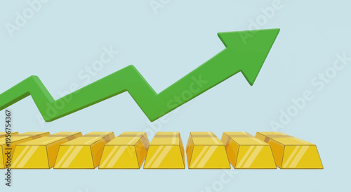 Gold Bullion Growth and Financial Investment Concept with Green Rising Arrow Representing Stock Market Success and Economic Prosperity