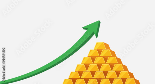 Financial Growth Concept: Rising Green Arrow Over a Pyramid of Gold Bars Illustrating Increasing Investment Value and Wealth