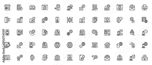 Online Healthcare icon set. Vector icons for telehealth, pharmacy, consultation, appointment, and medical apps. Includes symbols for smartphone, laptop, webcam, and more.