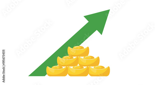 Financial Growth Concept with Chinese Gold Ingots and Green Upward Arrow for Prosperity