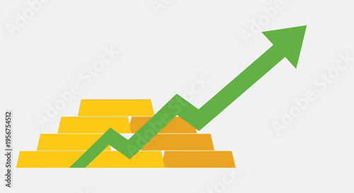 Financial Growth and Gold Investment Concept: Stacked Gold Bars with Rising Green Arrow Illustration