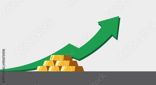 Rising Gold Market Trend: Green Upward Arrow with Stack of Gold Bars Representing Bullish Commodity Investment and Economic Growth