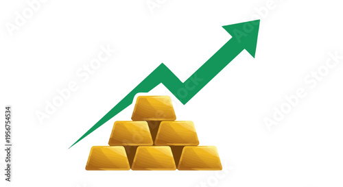 Golden Bullion Stack with Green Upward Arrow for Financial Growth, Market Success, and Investment Increase