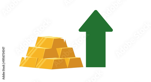 Gold Bullion Stack with Green Upward Arrow Representing Rising Market Value and Investment Growth