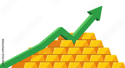 Gold Bars Stack with Green Upward Arrow Showing Price Growth and Financial Success Vector Illustration
