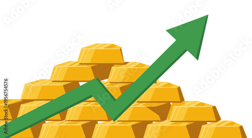 Gold Price Increase Concept with Green Arrow Rising Above Stack of Gold Bars. Financial Growth, Investment Wealth, and Bull Market Vector Illustration on White Background.