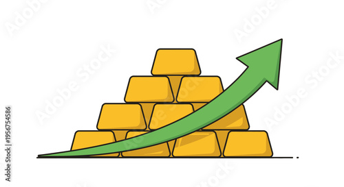 Gold Bullion Stack with Green Rising Arrow Representing Investment Growth and Increasing Market Value of Precious Metals