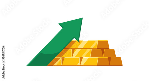 Gold Bullion Stack with Rising Green Arrow Symbolizing Market Growth, Financial Investment Success, and Increasing Price of Gold