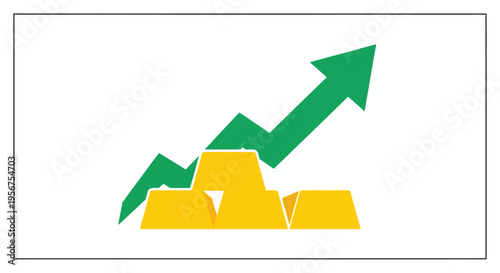 Gold Investment Growth Graph with Green Upward Arrow and Bullion Bars on White Background