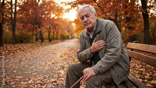 Senior Man Experiencing Acute Chest Pain, Possible Heart Attack, While Sitting on a Park Bench in Autumn