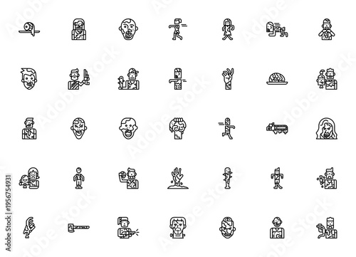 Zombie icon set. Horror vector pack. Includes zombie hunter, eyeball, brain, hand, axe, chainsaw, baseball bat, frankenstein and more. Editable stroke.