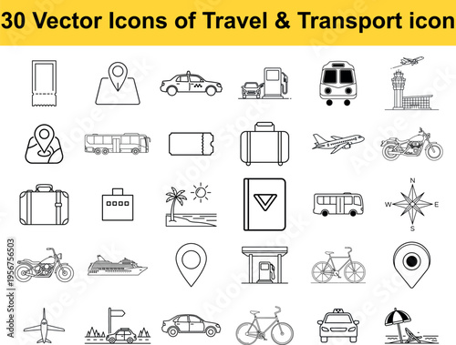 Collection of vector icons representing various travel and transport modes