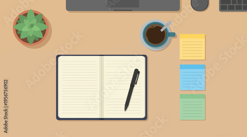 Open Notebook with Pen on Desk.