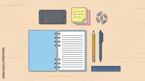 School supplies on a desk table.