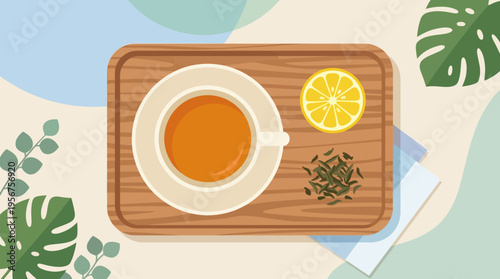 Tea in a white cup on tray.