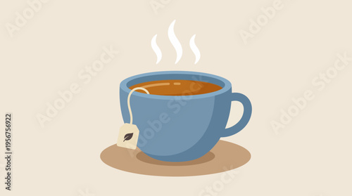 Steaming hot blue tea cup.