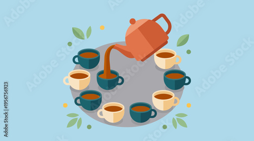 Teapot Pouring Coffee Cups Circle.
