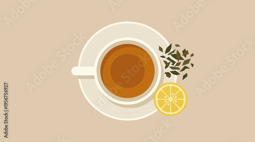 Tea cup with lemon and leaves.