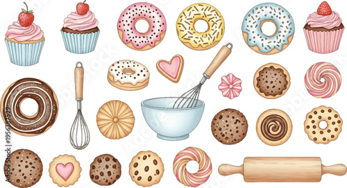 Vector Sweet Bakery Desserts and Baking Tools Illustration Set