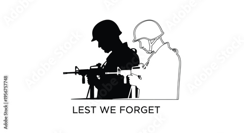 Vector illustration of two soldiers in silhouette with 'LEST WE FORGET' text