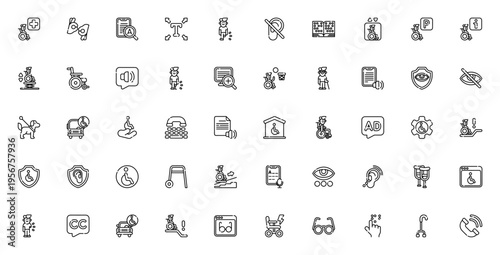 Accessibility icon set. Disability vector symbols. Includes wheelchair, blind, deaf, braille, sign language, protection, aid and more. Editable stroke.