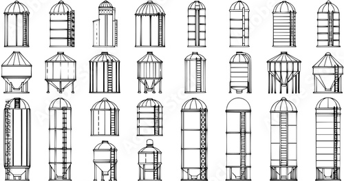 Collection of various line art agricultural silos and grain bins for farm and industrial storage, featuring diverse types and structures.