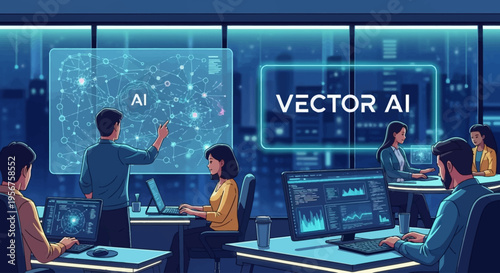 A team of professionals collaborates in a modern office setting, focusing on Artificial Intelligence and Vector AI concepts displayed on screens.
