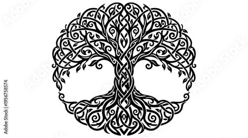 Black and White Celtic Tree of Life Circular Knotwork Illustration.