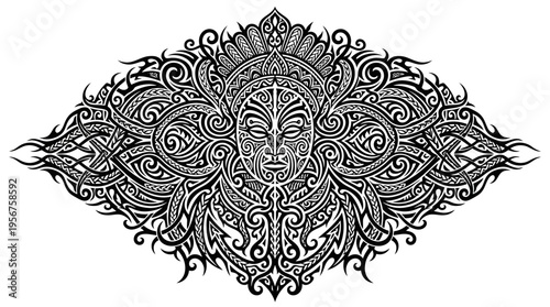 Intricate symmetrical ornamental mandala with stylized human face.
