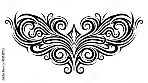 Decorative symmetrical tribal wing flourish tattoo design in black.