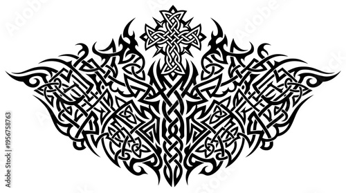 Symmetrical Celtic knotwork bat tattoo design in black.