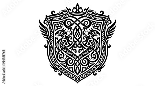 Ornate black heraldic shield with tribal filigree and decorative crest motif.