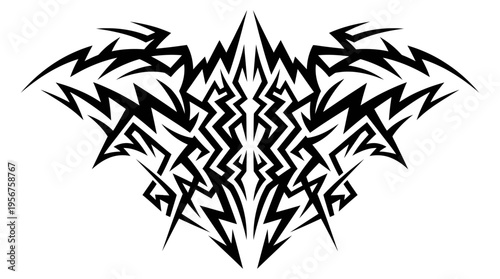 Symmetrical black tribal tattoo design with abstract sharp motifs.
