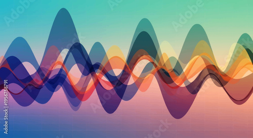 Abstract colorful sound wave visualization with overlapping translucent layers on a gradient background.
